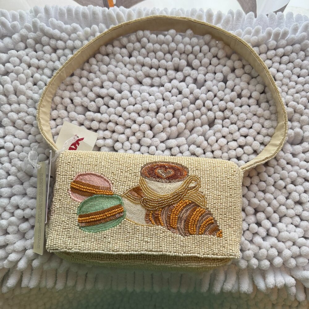 TJ MAXX Viral Macaron Croissant Coffee Beaded Bag Made In India NWT